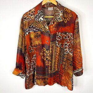 Chico's Shirt Womens XL Size 3 Orange Black Silk Floral Top Blouse Sheer